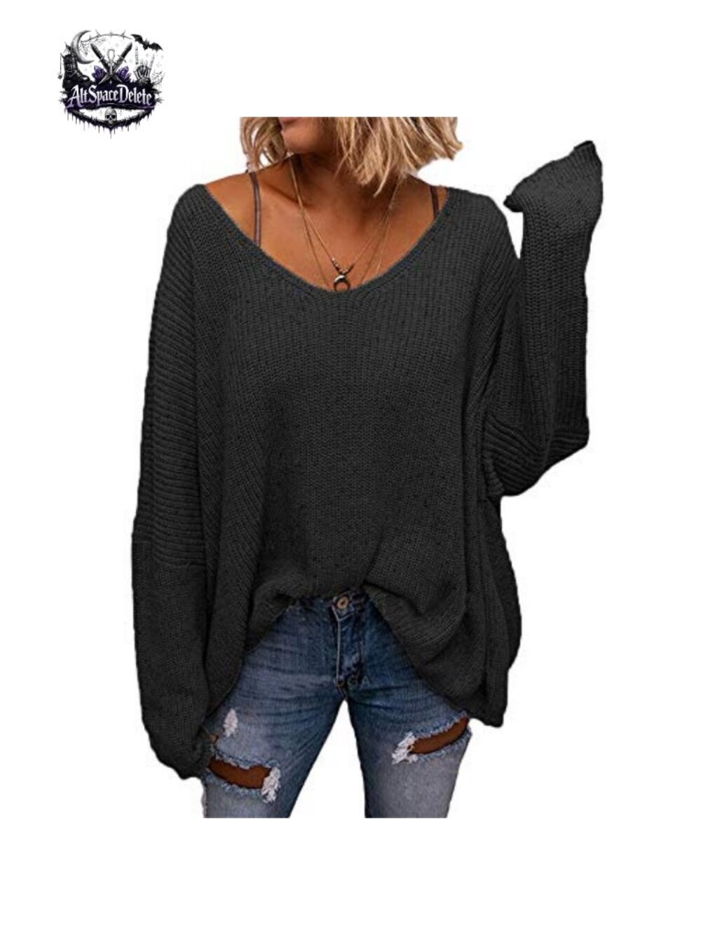 Womens Oversized Waffle Knit V Neck Long Sleeve Pullover Sweater